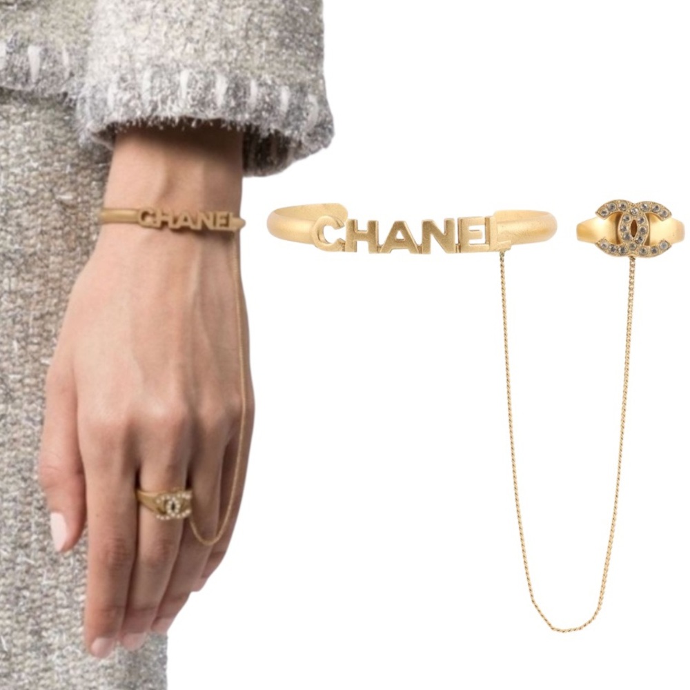 RARE! Like NEW Chanel Ring & Bracelet BANGLE CHAIN LINKED Rhinestone-Embellished